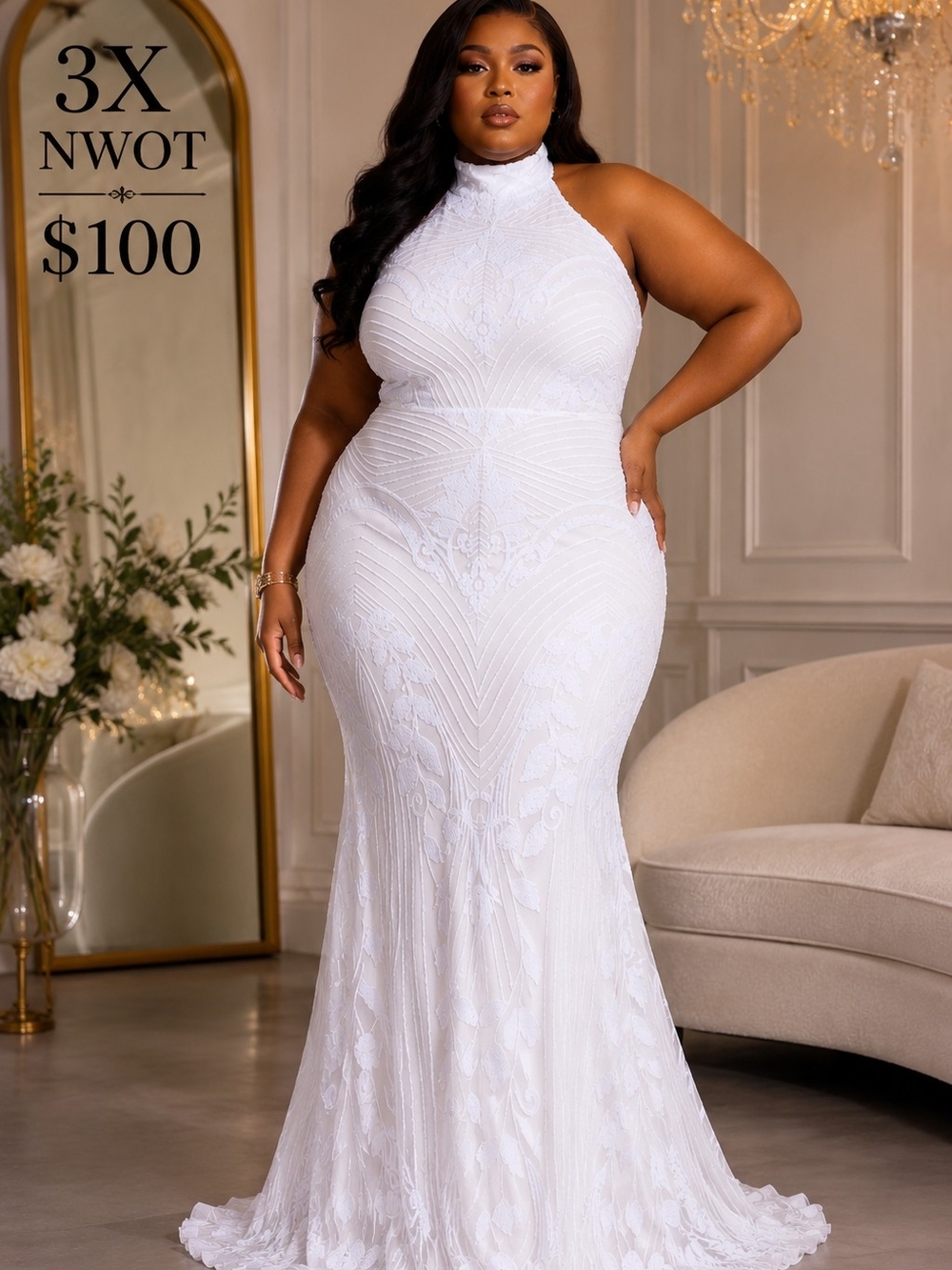 Fashion Nova White Halter Lace Mermaid Wedding Dress - Plus 3X